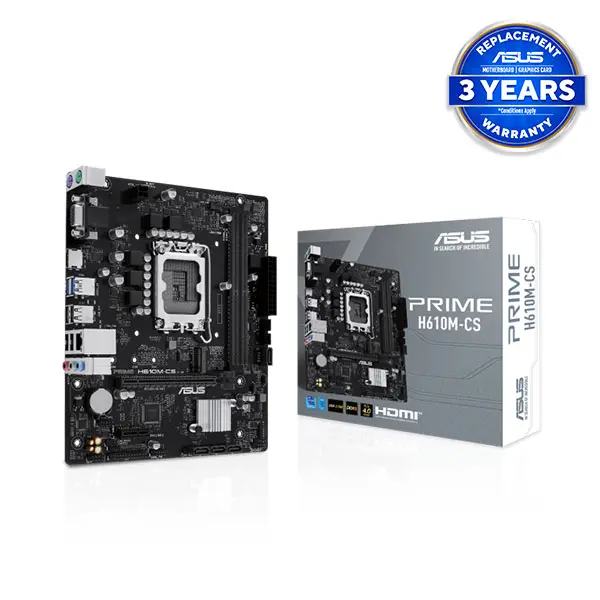 ASUS PRIME H610M-CS Motherboard, Intel H610 Chipset, Socket LGA1700, Intel 14th, 13th & 12th Gen Processors, 2 x DIMM DDR5 5600, HDMI, VGA, 1 x PCIe 4.0 x16 slot, 1 x PCIe 3.0 x1 slot, 1 x M.2 slot and 4 x SATA 6Gb/s ports, 1Gb Ethernet, 2 x USB 3.2…