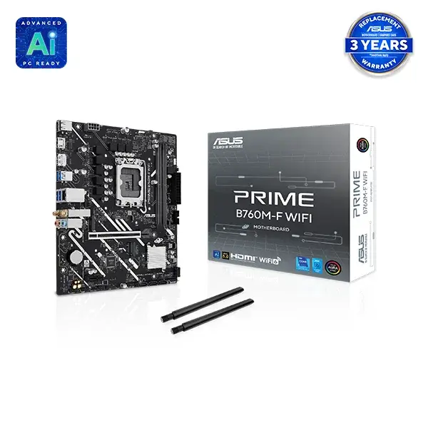 ASUS PRIME B760M-F WIFI,Socket LGA1700,Intel B760,2 x DIMM slots, Max. 96GB, DDR5,1 x DisplayPort,1 x HDMI port,1 x PCIe 5.0 x16 slot,1 x PCIe 4.0 x1 slot,2 x M.2 slots and 4 x SATA 6Gb/s ports,Wi-Fi 6,USB 6 ports,128 Mb Flash ROM,(Warranty:3 Years…