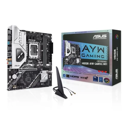 ASUS H810M AYW GAMING WIFI,MOTHER BOARD,Intel Core Ultra Processors, Intel H810 Chipset,2 x DIMM slots, max. 128GB, DDR5,1 x DisplayPort,2 x M.2 slots and 4 x SATA 6Gb/s ports,1Gb Ethernet port,Wi-Fi 6,Total 6 ports,256 (128+128) Mb Flash ROM, UEFI…