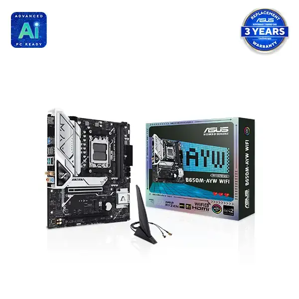 ASUS B650M-AYW WIFI,AM5 for AMD Ryzen,2 x DIMM slots, max. 96GB, DDR5,1 x HDMI port,1 x PCIe 4.0 x16 slot,1 x PCIe 4.0 x16 slot,2 x M.2 slots and 4 x SATA 6Gb/s ports,1 x2.5GbEthernet,USB8ports,256MbFlashROM,(Warranty:3 Years Replacement,Condition…