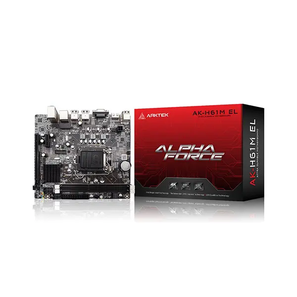 ARKTEK H61M EL Motherboard, Chipset H61, Intel 3rd Gen, Socket LGA1155, Core i7/i5/i3/Pentium/Celeron Processors, 2xDDR3 1600/1333/1066 Mhz, 3xSATA 3.0, 1xM.2 NVME+NGFF, 1xPCIe 3.0x16 slot, 1xHDMI, 1xVGA, 6xUSB 2.0 port, Warranty: 3 Years